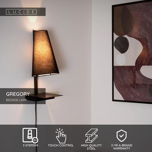 Lucide GREGORY - Bedside lamp / Wall light - 1xE27 - With USB charging point - Black - USP